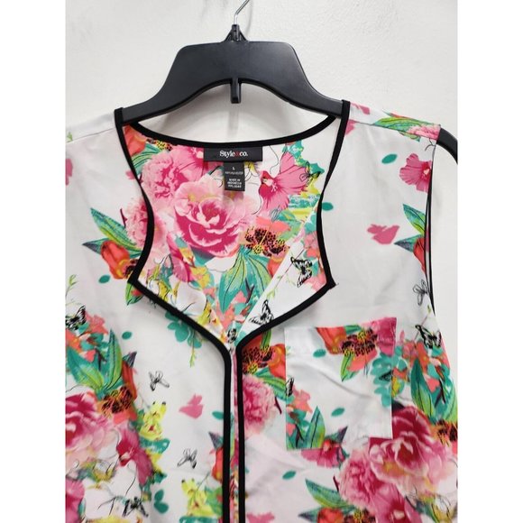 Style & Co Women Sleeveless Blouse Large White Plink Floral Popover Top - Picture 2 of 8